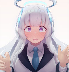 Rule 34 | 1girl, blue archive, blue necktie, blush, breasts, embarrassed, formal, full-face blush, grey hair, halo, headphones, jacket, long hair, long sleeves, looking at viewer, mechanical halo, medium breasts, necktie, noa (blue archive), purple eyes, sidelocks, simple background, solo, sopranino, suit, sweat, upper body, white background, white jacket, white suit, wide-eyed