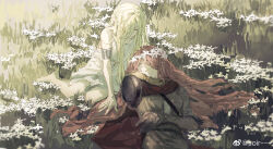 Rule 34 | 1boy, 1girl, absurdres, amputee, androgynous, armlet, bare shoulders, barefoot, blonde hair, braid, brother and sister, brown hair, brown robe, cape, chinese commentary, closed eyes, commentary request, day, dress, elden ring, field, flower wreath, from above, full body, fur-trimmed cape, fur trim, hair over one eye, hair spread out, head wreath, highres, long hair, lying, malenia blade of miquella, miquella (elden ring), missing limb, multiple braids, niutoutou, on back, on grass, one eye covered, outdoors, red cape, robe, siblings, sitting, sleeveless, sleeveless dress, wariza, wavy hair, weibo logo, weibo username, white dress