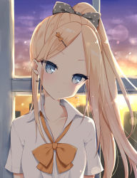 Rule 34 | 1girl, abigail williams (fate), alternate costume, alternate hairstyle, blonde hair, blue eyes, blush, bow, bow earrings, bowtie, collarbone, collared shirt, commentary request, contemporary, dress shirt, earrings, fate/grand order, fate (series), forehead, hair behind ear, hair bow, hair ornament, hairclip, head tilt, highres, indoors, jewelry, kamu (geeenius), lens flare, long hair, looking at viewer, orange bow, orange bowtie, parted bangs, polka dot, polka dot bow, ponytail, shirt, short sleeves, sky, solo, tsurime, twilight, upper body, white shirt, window, wing collar