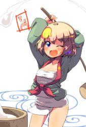 Rule 34 | 10s, 1girl, ;d, alternate breast size, areola slip, arms behind head, artist name, blonde hair, blood, blue eyes, breasts, cleavage, commentary, cowboy shot, emblem, fang, food, fundoshi, girls und panzer, green shirt, highres, holding, holding mallet, japanese clothes, katyusha (girls und panzer), kine, long sleeves, looking at viewer, mallet, mochi, mochitsuki, mortar (bowl), nonna (girls und panzer), nosebleed, one eye closed, open clothes, open mouth, open shirt, sarashi, shirt, short hair, signature, small breasts, smile, solo, standing, sw (taco), wagashi, white background