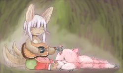Rule 34 | 10s, artist request, rabbit, closed eyes, furry, guitar, made in abyss, mitty (made in abyss), nanachi (made in abyss), playing instrument, short hair, smile, white hair