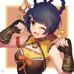 Rule 34 | 1girl, absurdres, azusaec, black gloves, blue hair, braid, braided hair rings, breasts, chinese clothes, chinese commentary, commentary request, dark blue hair, fingerless gloves, genshin impact, gloves, guoba (genshin impact), hair ornament, hair ribbon, hair rings, hairclip, highres, one eye closed, orange ribbon, ribbon, small breasts, xiangling (genshin impact), yellow eyes