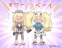 Rule 34 | 2girls, ahenn, bare shoulders, blonde hair, breast pocket, commentary request, crying, detached sleeves, eyebrows, flying sweatdrops, gambier bay (kancolle), gloves, hair between eyes, hat, holding hands, iowa (kancolle), kantai collection, long hair, multiple girls, one-hour drawing challenge, open mouth, pocket, purple background, thighhighs, translation request, twintails, twitter username, upset, zettai ryouiki
