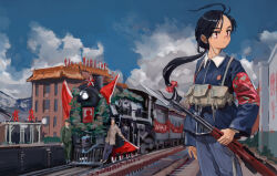 Rule 34 | 1boy, 1girl, ammunition pouch, architecture, armband, axdg, badge, banner, bayonet, blue pants, blue sky, bow, brown footwear, brown jacket, building, chest rig, china, chinese clothes, chinese text, cloud, cloudy sky, collar, collared jacket, communism, cultural revolution, east asian architecture, floating hair, gun, hair bow, headlight, highres, holding, holding gun, holding weapon, jacket, locomotive, long hair, looking to the side, military, mountain, mountainous horizon, on vehicle, original, pants, parted bangs, people, ponytail, portrait (object), pouch, railroad tracks, red armband, red bow, red eyes, red flag, red guard, red star, rifle, scenery, sks, sky, smoke, star (symbol), steam locomotive, train, train station, weapon, white collar, wreath
