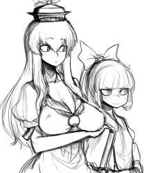 Rule 34 | 2girls, blush, bow, breasts, cleavage, covered erect nipples, flat chest, fujiwara no mokou, greyscale, hair bow, hat, height difference, kamishirasawa keine, large breasts, long hair, monochrome, multiple girls, side-by-side, sketch, spacezin, suspenders, sweatdrop, tokin hat, touhou