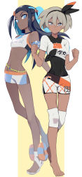 Rule 34 | 2girls, absurdres, aqua hair, armband, barefoot, bea (pokemon), black hair, blue eyes, bodysuit, bodysuit under clothes, breasts, clenched hands, covered navel, creatures (company), crop top, dark-skinned female, dark skin, floating hair, full body, game freak, grey eyes, gym leader, hair between eyes, hair bobbles, hair ornament, hairband, highres, jewelry, knee pads, looking at viewer, midriff, multicolored hair, multiple girls, navel, nessa (pokemon), nintendo, pendant, pokemon, pokemon swsh, sandals, shirt, short hair, short shorts, short sleeves, shorts, side slit, silver hair, simple background, small breasts, sports bra, st (youx1119), standing, straight hair, thick eyebrows, thighs, tied shirt, two-tone background, two-tone hair, white background, yellow background