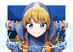 Rule 34 | 1girl, absurdres, animification, apex legends, blonde hair, blue bodysuit, blue gloves, blue headwear, blush, bodysuit, clenched hands, commentary, electricity, english commentary, facial scar, gloves, highres, huge filesize, jacket, kings canyon, noredji, orange jacket, portrait, ribbed bodysuit, scar, scar on cheek, scar on face, smile, solo, v-shaped eyebrows, wattson (apex legends)