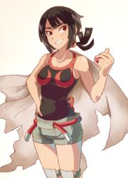 Rule 34 | 10s, 1girl, black hair, breasts, cleavage, cloak, creatures (company), game freak, grin, hand on own hip, highres, holding, holding poke ball, nintendo, poke ball, pokemon, pokemon oras, red eyes, sally (luna-arts), short hair, short ponytail, short shorts, shorts, simple background, sleeveless, smile, solo, tank top, thighhighs, zinnia (pokemon)