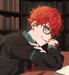 Rule 34 | 1boy, black-framed eyewear, blue eyes, blush, bookshelf, commentary request, crossed arms, dated commentary, ensemble stars!, from side, glasses, grin, highres, indoors, library, looking at viewer, male focus, mayuakakun, red hair, short hair, smile, solo, table, undercut, upper body, wooden table, yuuki makoto (ensemble stars!)