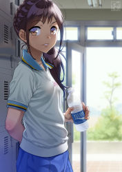 Rule 34 | 1girl, arm behind back, artist logo, artist name, backlighting, blue shorts, blurry, blurry background, blush, bottle, braid, brand name imitation, breasts, brown eyes, brown hair, clothes writing, collared shirt, commentary request, day, depth of field, door, fingernails, french braid, from side, getabako, gym shorts, gym uniform, highres, holding, holding bottle, indoors, lips, long hair, looking at viewer, looking to the side, low ponytail, original, pairan, parted lips, pocari sweat, shirt, short sleeves, shorts, small breasts, smile, solo, standing, sweat, water bottle, white shirt