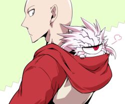 Rule 34 | 0nodera, 2boys, alien, back-to-back, bald, black eyes, carrying, chibi, cyclops, hood, hood basket, hoodie, long hair, looking at another, looking back, lord boros, male focus, multiple boys, one-eyed, one-punch man, red eyes, saitama (one-punch man), spiked hair, upper body