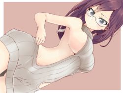 Rule 34 | 10s, 1girl, backless dress, backless outfit, bad id, bad pixiv id, bare back, bare shoulders, blush, border, breasts, brown background, brown hair, closed mouth, dress, dutch angle, glasses, grey-framed eyewear, grey eyes, grey sweater, halterneck, hip focus, idolmaster, idolmaster cinderella girls, kon5283, large breasts, long hair, looking down, meme attire, naked sweater, pursed lips, ribbed sweater, semi-rimless eyewear, sideboob, simple background, solo, sweatdrop, sweater, sweater dress, thigh gap, tsurime, turtleneck, turtleneck sweater, under-rim eyewear, virgin killer sweater, white border, yagami makino