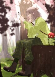 Rule 34 | 1boy, blue eyes, boots, brown footwear, bug, butterfly, caterpillar, cherry blossoms, diamond hair ornament, falling petals, fate/grand order, fate (series), green jacket, green pants, grey hair, hand on own chin, head rest, highres, insect, insect on finger, jacket, long sleeves, oberon (fate), official alternate costume, official alternate hairstyle, pants, petals, plaid, plaid pants, romo827, shirt, sitting, smile, solo, stuffed animal, stuffed toy, tree, twitter username, white shirt