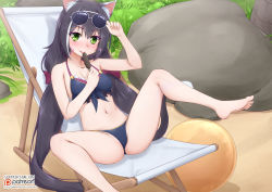Rule 34 | 1girl, adjusting eyewear, animal ear fluff, animal ears, arm up, ball, bare arms, bare legs, bare shoulders, barefoot, beachball, bikini, black hair, blue bikini, bow, breasts, cat ears, cat girl, cat tail, chair, cleavage, collarbone, day, earrings, eyewear on head, food, front-tie bikini top, front-tie top, glint, green eyes, groin, hair between eyes, hair bow, heart, heart earrings, holding, holding food, ice cream, jewelry, karyl (princess connect!), karyl (summer) (princess connect!), long hair, looking at viewer, lounge chair, low twintails, medium breasts, multicolored hair, navel, outdoors, princess connect!, red bow, rock, solo, spread legs, streaked hair, sunglasses, swimsuit, tail, tongue, tongue out, twintails, v-shaped eyebrows, vahn yourdoom, variant set, very long hair, watermark, web address, white-framed eyewear, white hair