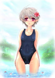 Rule 34 | 1boy, 1girl, blush, bulge, covered erect nipples, elf, flower, hair flower, hair ornament, hibiscus, highres, male focus, one-piece swimsuit, original, pink eyes, pointy ears, riria, school swimsuit, short hair, silver hair, soaking feet, solo, standing, swimsuit, trap, wading, water