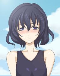 Rule 34 | 00s, 1girl, bare shoulders, black hair, blue eyes, blue hair, blush, breasts, cloud, cloudy sky, collarbone, darcsen, day, female focus, long hair, magari (senjou no valkyria), magari (valkyria), matching hair/eyes, nose blush, one-piece swimsuit, purple eyes, school swimsuit, senjou no valkyria (series), senjou no valkyria 2, short hair, sky, small breasts, solo, swimsuit, syou (crecre)
