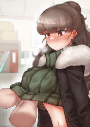 Rule 34 | 1girl, blunt bangs, blush, grabbing another&#039;s breast, breasts, brown hair, closed mouth, clothes lift, disembodied hand, eyebrows, full-face blush, grabbing, green sweater, hair bun, highres, idolmaster, idolmaster cinderella girls, jacket, kamiya nao, large breasts, long hair, long sleeves, moonjunk, navel, open clothes, open jacket, red eyes, ribbed sweater, single hair bun, solo focus, sweater, sweater lift, trembling, turtleneck, turtleneck sweater, wavy hair
