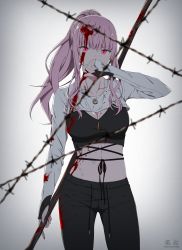 Rule 34 | 1girl, absurdres, alternate costume, backlighting, barbed wire, blood, blood in hair, blood on clothes, blood on face, blurry, breasts, cleavage, collarbone, cowboy shot, crop top, depth of field, furai art, gradient background, highres, holding, holding scythe, hololive, hololive english, jewelry, large breasts, long hair, long sleeves, looking at viewer, mori calliope, nail polish, navel, necklace, pants, pink eyes, pink hair, ponytail, red nails, ruins, scythe, shinigami, signature, simple background, solo, sports bra, virtual youtuber, white background, wiping face