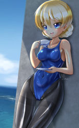 Rule 34 | 10s, 1girl, absurdres, black pantyhose, blonde hair, blue eyes, blue one-piece swimsuit, braid, braided bun, breasts, cameltoe, commentary request, competition swimsuit, covered navel, cowboy shot, cup, darjeeling (girls und panzer), girls und panzer, gluteal fold, hair bun, highres, long hair, medium breasts, one-piece swimsuit, pantyhose, pantyhose under swimsuit, saucer, solo, swimsuit, teacup, thigh gap, thighband pantyhose, zakkin (zakkinman)
