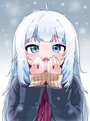Rule 34 | 1girl, ahoge, black jacket, blue eyes, blue hair, blush, breathing on hands, brown sweater, commentary, english commentary, gawr gura, hands up, highres, hololive, hololive english, jacket, long hair, long sleeves, looking at viewer, multicolored hair, open mouth, outdoors, sharp teeth, silver hair, sleeves past wrists, snowing, solo, streaked hair, sweater, teeth, tosyeo, upper body, virtual youtuber