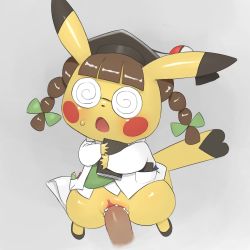 Rule 34 | 1girl, @ @, animal ears, black footwear, black headwear, blush, blush stickers, book, bottomless, bow, braid, brown hair, clothed pokemon, coke-bottle glasses, cosplay pikachu, creatures (company), cum, cum in pussy, disembodied penis, erection, full body, game freak, gen 1 pokemon, glasses, green bow, green shirt, grey background, hair bow, hair ornament, hands up, hat, hetero, highres, holding, lab coat, long sleeves, mortarboard, nintendo, open mouth, pencil, penis, pikachu, pikachu ph. d, pokemon, pokemon (creature), pokemon oras, pussy, sex, shiny skin, shirt, shoes, simple background, standing, sweat, tail, twin braids, twintails, uncensored, vaginal, youjo modoki