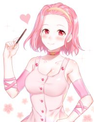 Rule 34 | 1girl, bad id, bad pixiv id, breasts, choker, cleavage, collarbone, dress, floral background, food, hairband, heart, highres, jojo no kimyou na bouken, large breasts, pink dress, pink hair, pocky, red eyes, smile, solo, sparkle, sugimoto reimi, ubi (ekdus6080), upper body