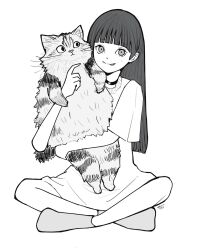 Rule 34 | 1girl, :p, animal, animal hug, artist name, awatsu mai, blunt bangs, blunt ends, cat, choker, closed mouth, commentary, full body, greyscale, highres, holding, holding animal, holding cat, indian style, long hair, long shirt, looking at viewer, mole, mole under eye, monochrome, real life, sally (allogkk), short sleeves, simple background, sitting, smile, socks, solo, tongue, tongue out, voice actor, white background