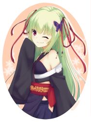 Rule 34 | 1girl, arm at side, armpit crease, bare shoulders, black kimono, black sleeves, blunt bangs, blunt ends, breasts, butterfly hair ornament, closed mouth, commentary request, cowboy shot, detached sleeves, from side, green eyes, hair ornament, hair ribbon, hand up, highres, hime cut, japanese clothes, kimono, light blush, long hair, looking at viewer, murasame (senren), one eye closed, orange background, pom pom (clothes), red eyes, red ribbon, red sash, ribbon, sash, senren banka, sidelocks, signature, simple background, sleeves past fingers, sleeves past wrists, small breasts, smile, smug, snowflakes, solo, standing, straight hair, tokisakijp, two side up, very long hair, white background, wide sleeves