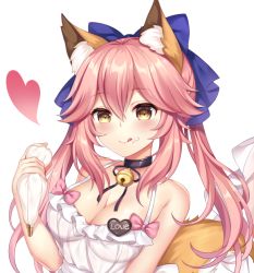 Rule 34 | 1girl, :q, animal ear fluff, animal ears, apron, bare shoulders, bell, black choker, black ribbon, blue bow, blush, bow, breasts, brown eyes, choker, chuor (chuochuoi), cleavage, closed mouth, commentary request, fate/extra, fate (series), food, food on face, fox ears, hair between eyes, hair bow, hand up, heart, holding, jingle bell, large breasts, long hair, looking at viewer, naked apron, neck bell, pastry bag, pink bow, pink hair, ribbon, sidelocks, simple background, smile, solo, tamamo (fate), tamamo no mae (fate/extra), tongue, tongue out, twintails, upper body, white apron, white background