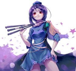 Rule 34 | 1girl, absurdres, armor, blue dress, blue hair, blush, breasts, contrapposto, covered erect nipples, dark blue hair, dress, hand on own hip, hand up, hat, highres, holding tripod, iizunamaru megumu, light smile, looking at viewer, medium breasts, no bra, pauldrons, red eyes, shoulder armor, simple background, single pauldron, sleeves past elbows, solo, star (symbol), thighs, tokin hat, touhou, waistcoat, white background, zsefvgy