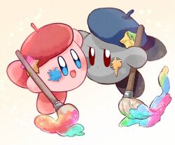 Rule 34 | :d, artist kirby, beret, blue eyes, blue headwear, blush, blush stickers, closed mouth, commentary request, copy ability, gradient background, guarani (muku 6930), hat, hat ornament, holding, holding paintbrush, jitome, kirby, kirby (series), looking at viewer, nintendo, no humans, open mouth, paint, paint splatter, paint splatter on face, paintbrush, red eyes, red headwear, shadow kirby, simple background, smile, sparkle, star (symbol), white background, yellow background