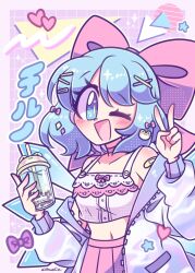 Rule 34 | 1girl, alternate costume, blue eyes, blue hair, blush, bow, bubble tea, cirno, collarbone, crop top, cup, hair bow, hair ornament, hairclip, highres, holding, holding cup, jacket, littlecloudie, long sleeves, looking at viewer, navel, one eye closed, open mouth, pink bow, pink skirt, pleated skirt, short hair, skirt, smile, solo, touhou, v, white jacket, x hair ornament