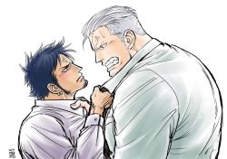Rule 34 | 2boys, anger vein, beard, black hair, blush, cigar, clenched teeth, couple, eye contact, facial hair, from side, goatee, kokorozashi, long sideburns, looking at another, male focus, mature male, multiple boys, muscular, muscular male, necktie, one piece, pectorals, shirt, shirt grab, short hair, sideburns, smoker (one piece), smoking, stubble, teeth, trafalgar law, upper body, white background, white hair, white shirt, yaoi