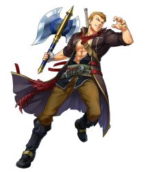 Rule 34 | 1boy, abs, axe, bandages, belt, blonde hair, boots, brown eyes, earrings, fire emblem, fire emblem: the blazing blade, fire emblem heroes, full body, highres, indesign, jewelry, linus (fire emblem), male focus, manly, navel, nintendo, official art, open clothes, open shirt, pectorals, teeth, transparent background