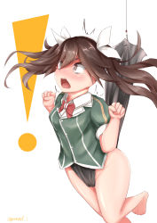 Rule 34 | !, 1girl, barefoot, brown hair, commentary request, feet out of frame, fishing line, green shirt, hair between eyes, hair ribbon, highres, hook, kantai collection, long hair, one-hour drawing challenge, pelvic curtain, red neckwear, ribbon, shirt, simple background, sinape, solo, surprised, tone (kancolle), tone kai ni (kancolle), twintails, wedgie, white background, white ribbon