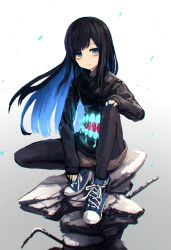 Rule 34 | 1girl, bionekojita, black hair, black pantyhose, black sweater, blue eyes, blue footwear, blue hair, blue nails, borrowed character, closed mouth, colored inner hair, expressionless, full body, gradient background, grey background, highres, knee up, lace, long hair, looking at viewer, multicolored hair, nail polish, original, pantyhose, rock, shoes, short shorts, shorts, sitting, solo, sweater, teeth, two-tone hair, white background