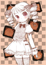 Rule 34 | 1girl, ahoge, albino, blush, bow, candy, checkered background, colored skin, dress, drill hair, food, frills, hatomugi (mamotan), head tilt, juliet sleeves, long sleeves, looking at viewer, monochrome, original, puffy long sleeves, puffy sleeves, red eyes, solo, standing, thighhighs, twintails, white dress, white skin, white theme, white thighhighs, zettai ryouiki