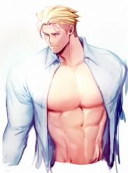 Rule 34 | 1boy, abs, bara, blonde hair, cropped torso, d-red, kray foresight, large pectorals, long sleeves, looking at viewer, male focus, manly, muscular, pectorals, promare, shirt, short hair, solo, upper body, white background