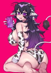 Rule 34 | 1girl, absurdres, ahoge, animal ears, animal print, arms behind back, ass, barefoot, bell, belly, bikini, blush, breasts, cellphone, cleavage, collar, commentary, cow ears, cow girl, cow print, cow print bikini, cowbell, crawling dreams, curvy, gloves, gradient hair, highres, holding, holding phone, horns, huge breasts, long hair, looking back, messy hair, multicolored hair, naughty face, navel, nyarla (osiimi), osiimi, panties, phone, plump, print bikini, purple eyes, purple hair, seiza, sitting, smartphone, solo, swimsuit, tail, thick thighs, thighs, underwear, wedgie, wide hips