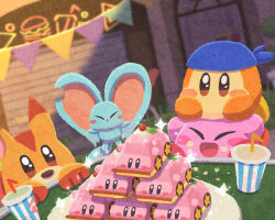 Rule 34 | animal, bandana, bandana waddle dee, blue bandana, blush stickers, cake, car-mouth cake, closed eyes, cup, disposable cup, elfilin, evening, food, kirby, kirby (series), kirby cafe, miclot, neon lights, nintendo, no humans, open mouth, outdoors, pink footwear, plate, shoes, smile, sparkling eyes, string of flags