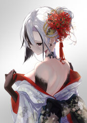 1girl absurdres alternate_costume arlecchino_(genshin_impact) bare_shoulders black_choker black_eyes black_hair black_hands cheeeese_tara5 choker closed_mouth colored_extremities commentary_request earrings floral_print from_behind genshin_impact gradient_background hair_between_eyes hair_ornament hair_up highres japanese_clothes jewelry kimono kimono_pull looking_at_viewer looking_back multicolored_hair off_shoulder pulling_own_clothes red_pupils short_hair simple_background solo streaked_hair symbol-shaped_pupils upper_body white_hair white_kimono x-shaped_pupils