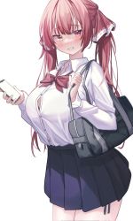 Rule 34 | 1girl, bag, blush, bow, breasts, cellphone, hair ribbon, heterochromia, highres, hololive, houshou marine, large breasts, long hair, long sleeves, looking at viewer, phone, pleated skirt, red eyes, red hair, red ribbon, ribbon, school uniform, skirt, smile, solo, twintails, up (osk50217), virtual youtuber, white background, yellow eyes