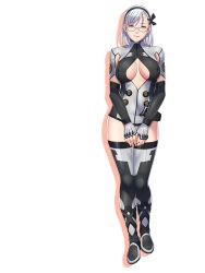 Rule 34 | 1girl, bodysuit, boots, breasts, cleavage, closed game, covered erect nipples, empress (studio), fingerless gloves, game cg, glasses, gloves, hairband, highres, large breasts, legs, looking at viewer, marielle clemens, purple eyes, red eyes, sei shoujo, short hair, solo, standing, thigh boots, thighhighs, thighs, transparent background, white hair