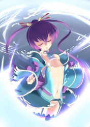Rule 34 | 00s, 1girl, ar tonelico, ar tonelico iii, bad id, bad pixiv id, detached sleeves, closed eyes, female focus, finnel (ar tonelico), flat chest, garter belt, gust, hair ornament, highres, multicolored clothes, multicolored legwear, panties, purple hair, solo, thighhighs, tonpara, torn clothes, twintails, underwear