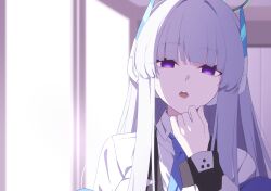 Rule 34 | 1girl, blue archive, blue necktie, collared shirt, commentary, grey hair, halo, highres, jacket, long hair, long sleeves, looking at viewer, mechanical halo, necktie, noa (blue archive), purple eyes, reia 76, shirt, solo, upper body, white jacket, white shirt