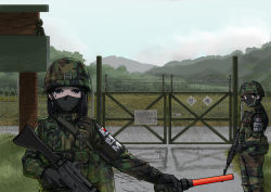 Rule 34 | 3girls, absurdres, ammunition pouch, assault rifle, bad id, bad pixiv id, barbed wire, black gloves, black hair, camouflage, camouflage headwear, camouflage jacket, camouflage pants, checkpoint, combat helmet, daewoo k2, empty eyes, fence, gloves, grass, grey sky, gun, helmet, highres, holding, holding weapon, jacket, korean text, luli1379, mask, military, military jacket, military uniform, mouth mask, multiple girls, original, outdoors, pants, pouch, rifle, scenery, sky, soldier, south korean flag, sunglasses, trigger discipline, uniform, watchtower, weapon