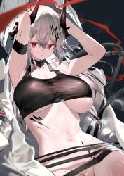 Rule 34 | 1girl, absurdres, arknights, armband, arms behind head, black sports bra, bodysuit, breasts, cleavage, demon horns, grey hair, groin, hair between eyes, hair ornament, highres, horns, infection monitor (arknights), inumata ichini, large breasts, long hair, looking at viewer, material growth, mudrock (arknights), mudrock (elite ii) (arknights), navel, open bodysuit, open clothes, oripathy lesion (arknights), out-of-frame censoring, red eyes, solo, sports bra, sweat, underboob