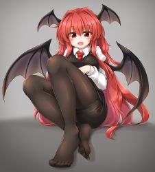 Rule 34 | 1girl, :d, black pantyhose, black skirt, black vest, blush, breasts, commentary request, demon wings, feet, grey background, hair between eyes, hair intakes, head wings, highres, juliet sleeves, knees up, koakuma, large breasts, long hair, long sleeves, looking at viewer, marukyuu ameya, miniskirt, no shoes, open mouth, pantyhose, pencil skirt, puffy sleeves, red eyes, red hair, shadow, shirt, sitting, skirt, smile, solo, thighs, touhou, very long hair, vest, white shirt, wings
