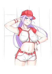 Rule 34 | 1girl, :q, absurdres, azurcentauri, bad id, bad pixiv id, baseball cap, baseball uniform, belt, blue eyes, blush, breasts, buttons, cowboy shot, crop top, derivative work, hand on own hip, hat, highres, large breasts, long hair, looking at viewer, midriff, navel, original, purple hair, red belt, red headwear, reference photo request, short shorts, short sleeves, shorts, smile, sportswear, tongue, tongue out, very long hair, white shorts, wristband