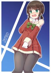 Rule 34 | 1girl, alternate costume, artist name, black hair, black pantyhose, blue background, blush, bow, christmas, commentary request, dated, detached collar, dress, frown, fubuki (kancolle), gloves, green bow, green eyes, hair tie, highres, kantai collection, long sleeves, looking at viewer, off-shoulder dress, off shoulder, open mouth, pantyhose, pepatiku, santa costume, santa dress, short dress, short hair, short ponytail, sidelocks, signature, solo, white gloves